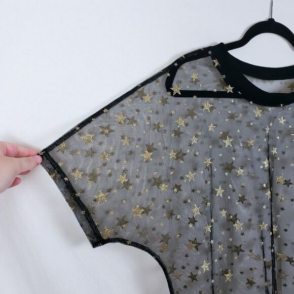 Celestial Grunge Sheer Mesh Top Womens XL? Glitter Stars Oversized Black Goth - Picture 2 of 7